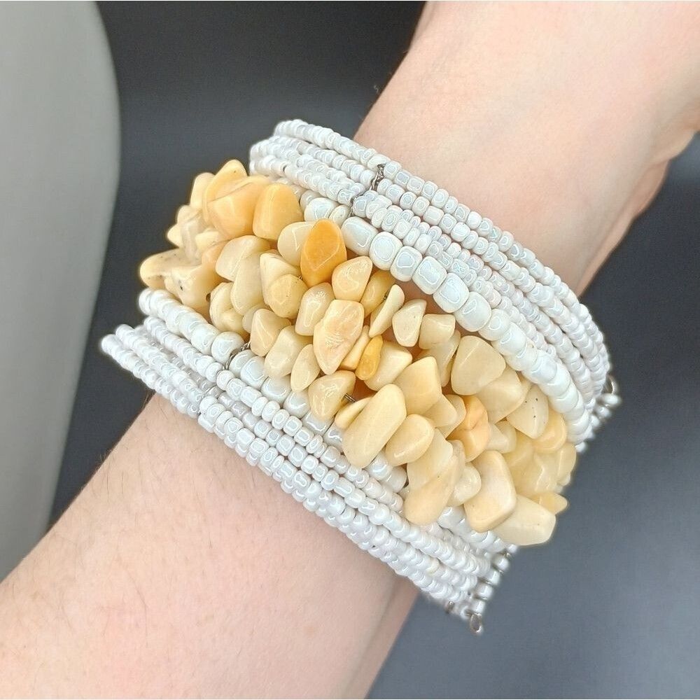 WIDE vintage cuff bracelet beaded stone pearl bracelet